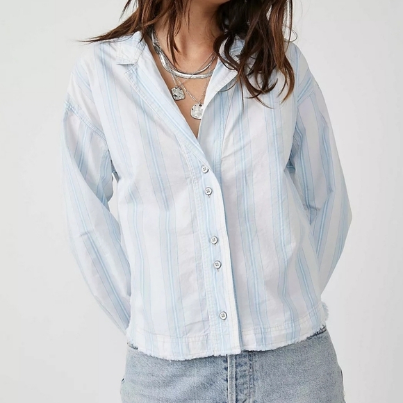 We The Free Tops - We The Free Light Blue & White Striped Button-Down Shirt